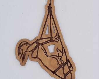 Shibari rope play laser engraved wood ornament c. Image on front with our logo on back.