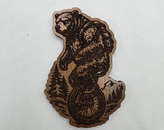 Unicycle bear wood magnet