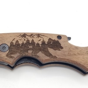 Mountain scene bear laser engraved wood handle pocket knife