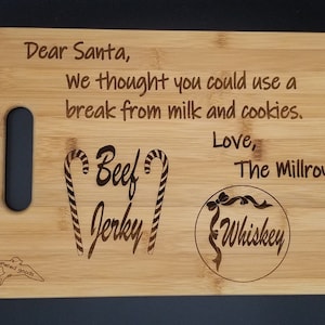 Whiskey and beef jerky for santa bamboo cutting board