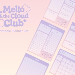 May include: A collection of printable planners in lilac and pink hues. The planners feature daily, weekly, and monthly layouts, with space for notes, to-do lists, and schedules. The text "Mello & the Cloud Club" is visible.
