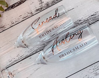 Bridesmaid Proposal Champagne Flute Glass STYLE 1 Wine Glasses Personalised Wedding Bridal Gift Vinyl Lettering Rose Gold