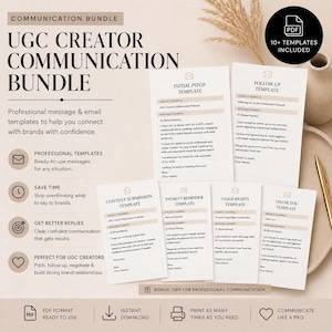May include: A communication bundle for UGC creators, featuring templates for professional messages and emails. Includes initial pitch, follow-up, content submission, payment reminder, usage rights, and thank you templates. Ready-to-use templates to help connect with brands.
