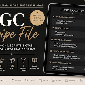 May include: Digital download titled "UGC Swipe File" with text: 100+ Hooks, Scripts & CTAs for scroll-stopping content. Includes hook examples on a tablet. The image is on a black surface with a notebook and a pen.