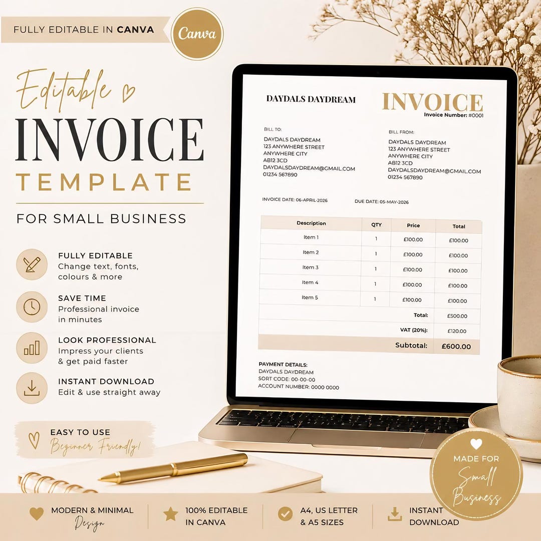 Editable Canva Invoice Template for Small Business, Freelancer Client ...