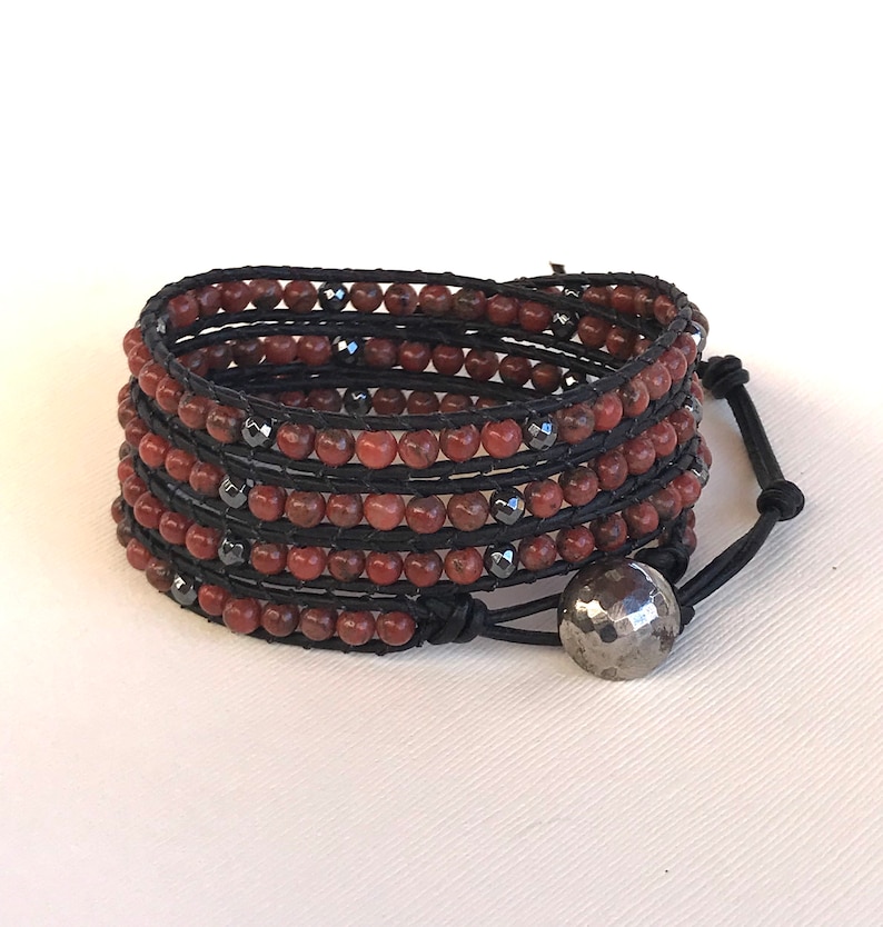 4x Gemstone Wrap Bracelet with Red Sesame Jasper and Hematite Antique Hand Hammered Pewter Button