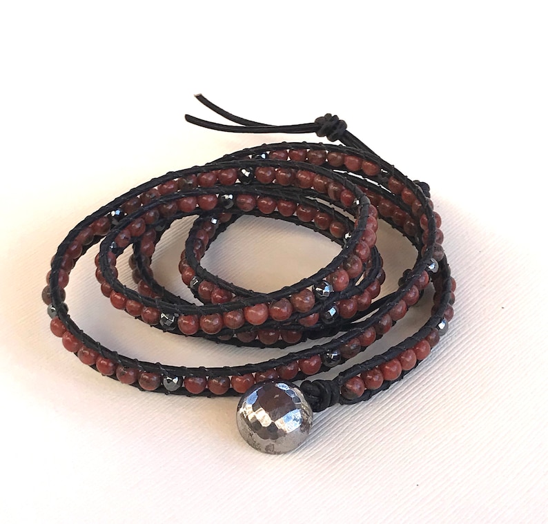 4x Gemstone Wrap Bracelet with Red Sesame Jasper and Hematite Antique Hand Hammered Pewter Button