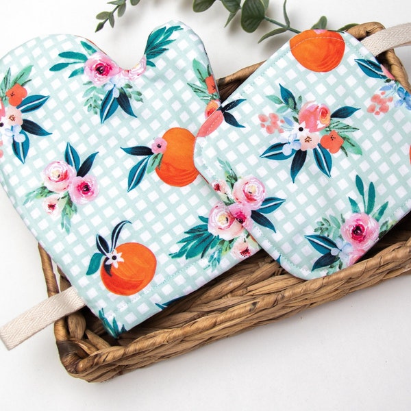 Citrus Orange fabric in mint kids kitchen accessories, pretend play cooking set, mini oven mitts, kids pot holder, niece gift from aunt