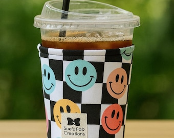 Checkered Smiley face cup sleeve, reusable coffee sleeve