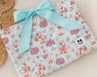 Quilted book sleeve with bow for Girls: Pastel Duck Print Padded pouch handmade Protector
