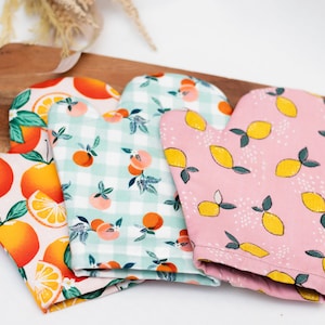 Oranges fabric kids kitchen accessories, pretend play cooking set, mini oven mitts, kids pot holder, niece gift from aunt, toddler gift
