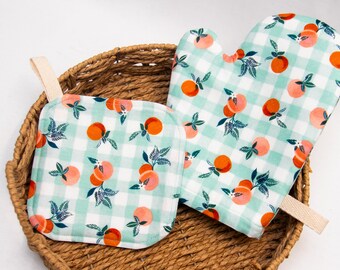 Zestaw rękawic kuchennych i podkładek pod garnki Peaches Play, bawełniana zabawka kuchenna