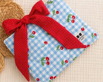 Cherry Gingham Quilted Book Sleeve Cover with Red Bow: Reading Pouch gift for Readers