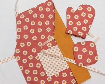 Custom Floral orange daisy apron for Toddlers and kids, Personalized baking child apron, Montessori aprons for toddlers, girls apron