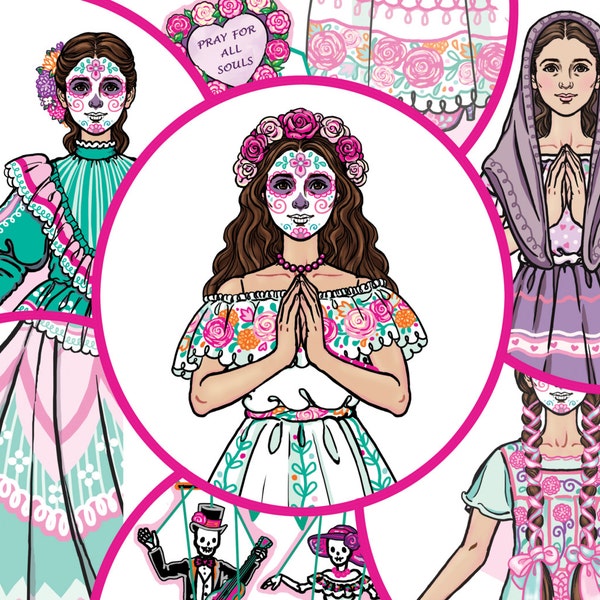 Digital Download - Dia de Los Muertos / Day of the Dead / All Souls Day - Paper Doll (Color and BnW)