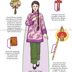Könnte beinhalten: Illustration von Saint Anna Wang, einer Frau in einem rosa Blumenkleid und grünen Hosen. Das Bild enthält einen Blumenstrauß, ein Kreuz, eine Laterne und ein Buch. Der Text beschreibt ihren Glauben und ihre Hingabe.