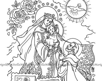 Digital Download - Our Lady of Mount Carmel, Saint Simon Stock, and the Brown Scapular - Coloring Page