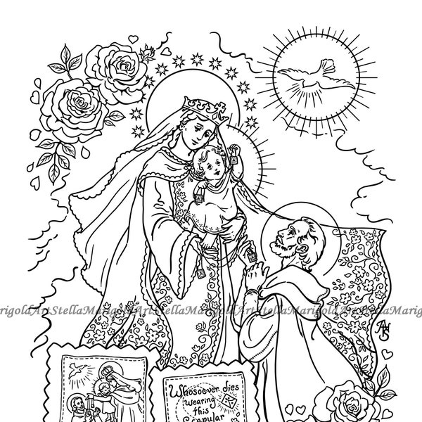 Digital Download - Our Lady of Mount Carmel, Saint Simon Stock, and the Brown Scapular - Coloring Page