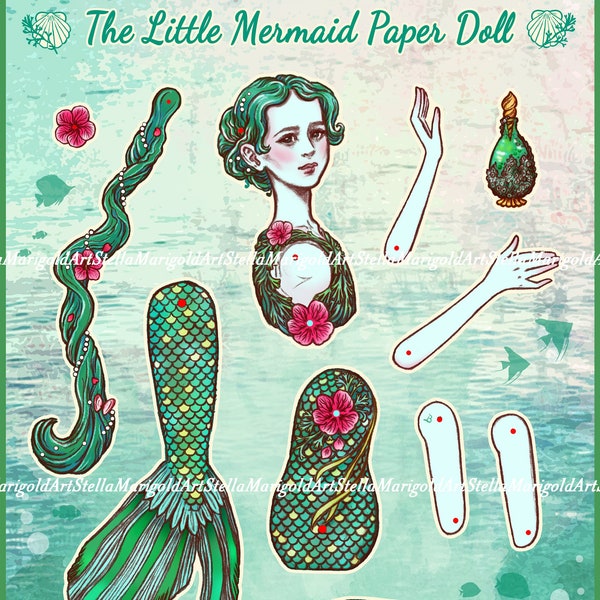 Digital Download - The Little Mermaid Paper Doll - Color and Black and White (Articulated)