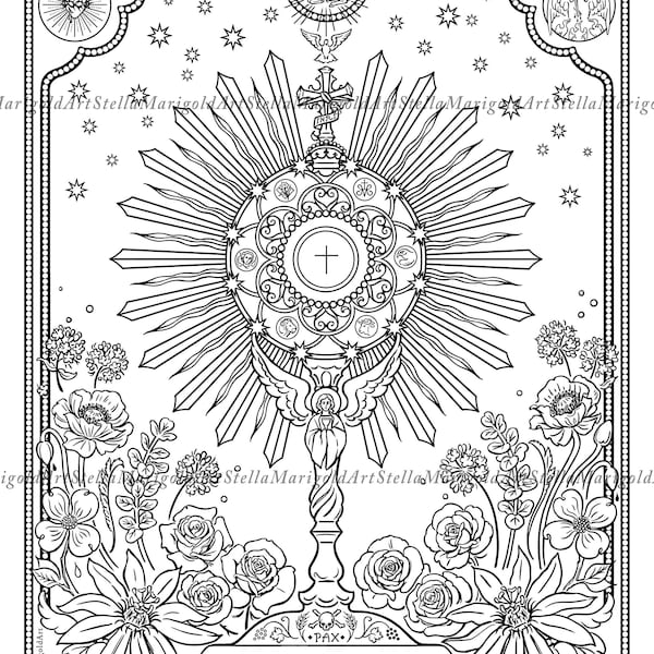 Digital Download - Monstrance with Passion Flowers Coloring Page