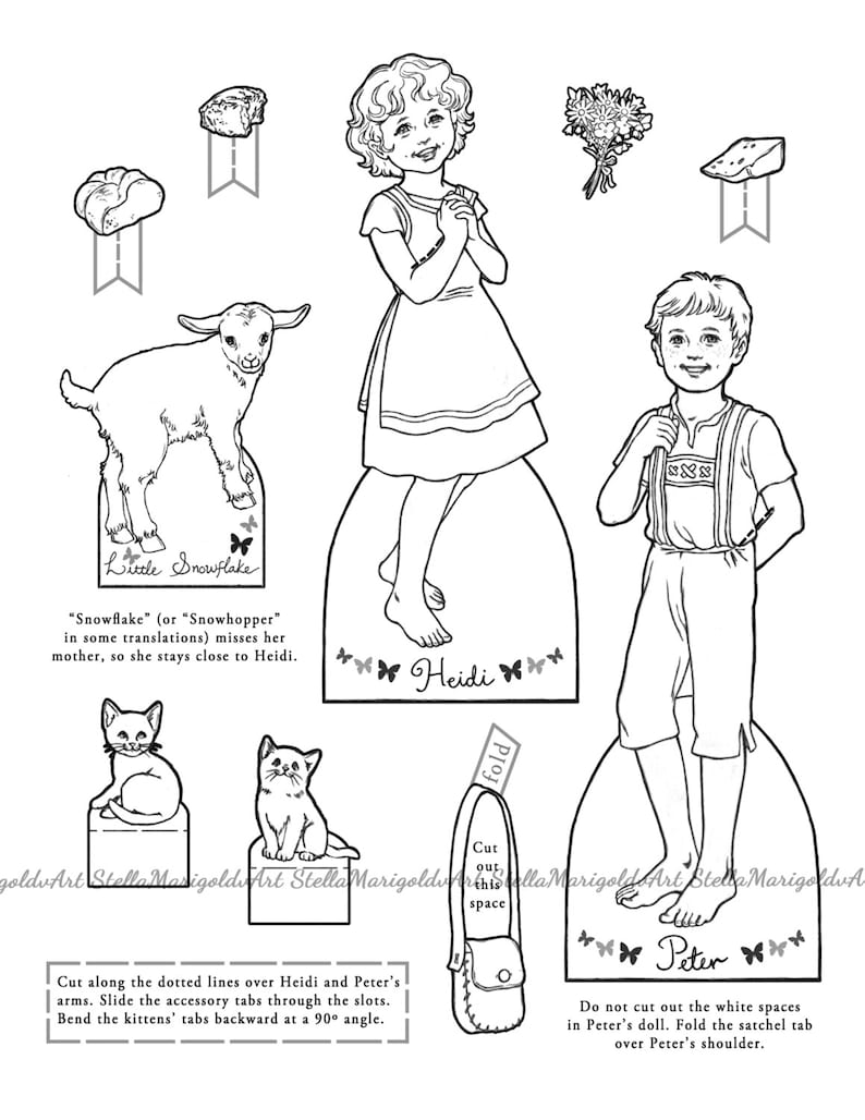 Digital Download Heidi Paper Dolls Complete Set in Black and White image 2