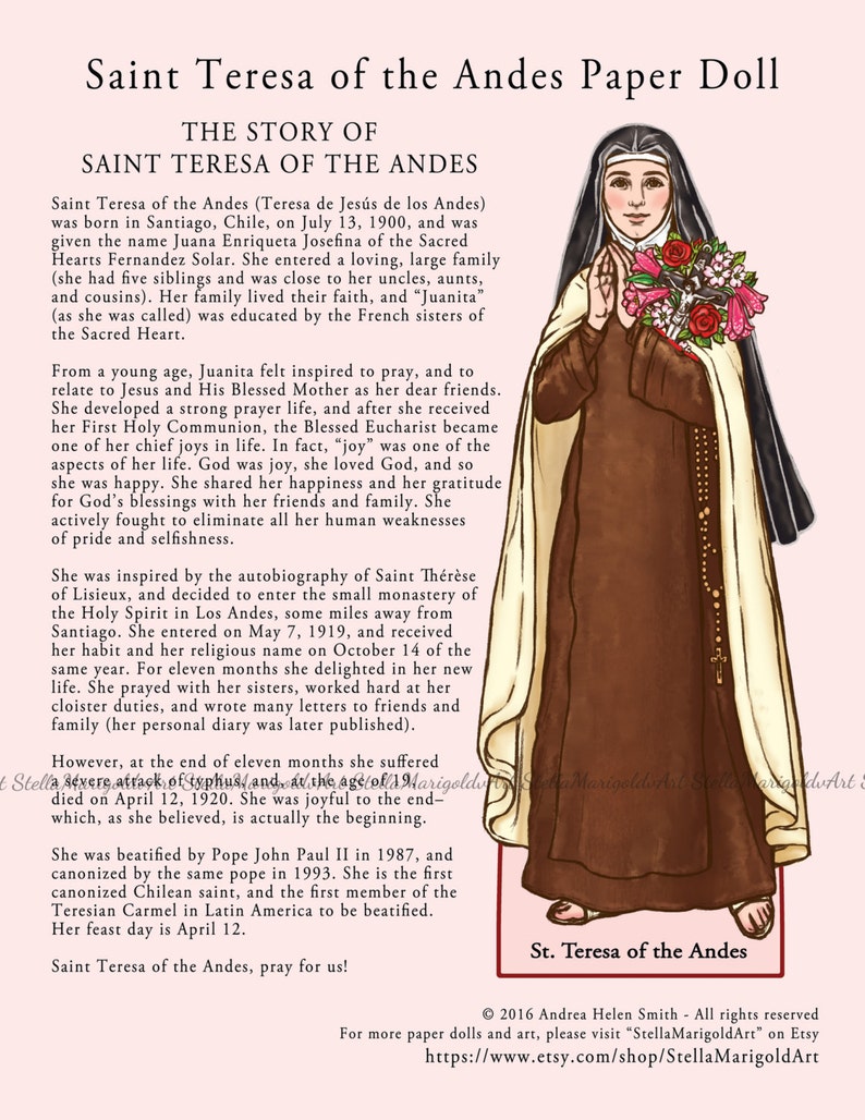 Digital Download Saint Teresa of the Andes Paper Doll Color and BnW image 4