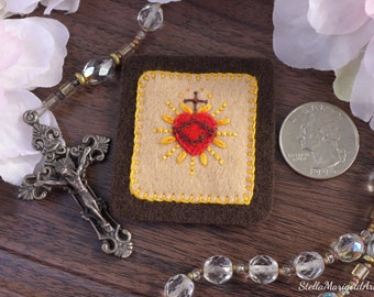 Hand Embroidered Brown Scapular, Sacred Heart and Immaculate Heart - Fawn, Flames
