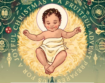 May include: A set of printable Advent coloring pages featuring a baby Jesus in a manger with a gold halo. The text "A Fruitful Advent Prepares Us For A Joyful Christmas" surrounds the image. The title "Advent 2023 Set" is in purple text with the words "Color Prints and Coloring Pages" below it.