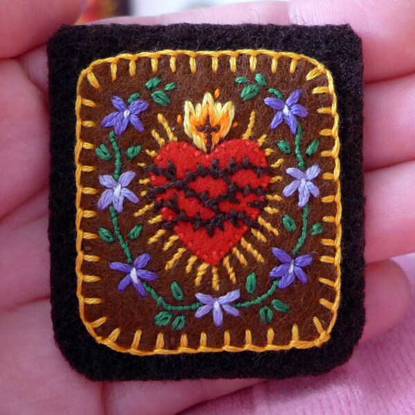 Embroidered Brown Scapular: Sacred Heart and Immaculate Heart with Violets on Dark Wool