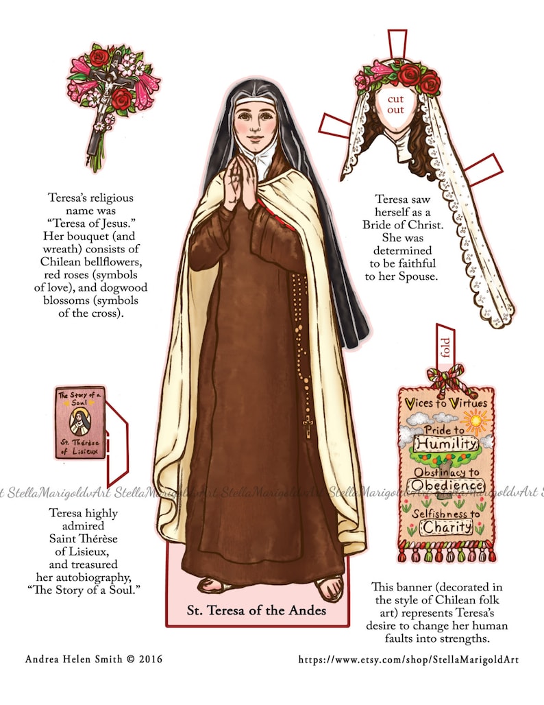 Digital Download Saint Teresa of the Andes Paper Doll Color and BnW image 1