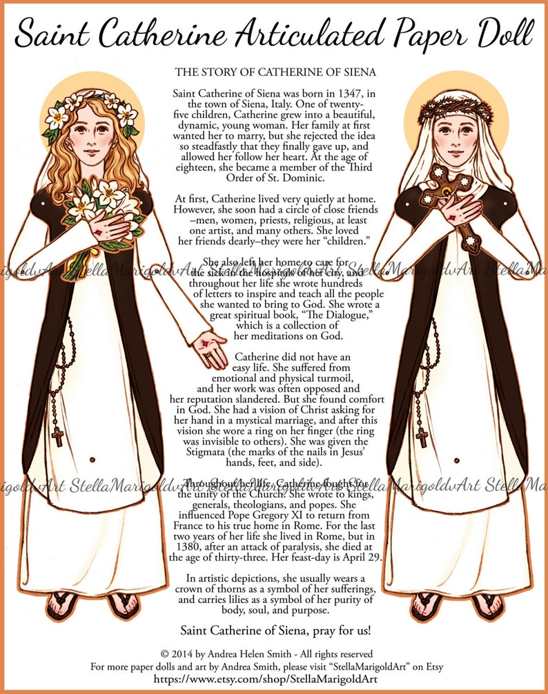 Saint Catherine of Siena Paper Doll in Color and Black and | Etsy