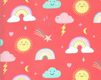 May include: A red background with a repeating pattern of rainbows, clouds, stars, moons, lightning bolts, hearts, and suns. The clouds, suns, and rainbows have smiling faces.