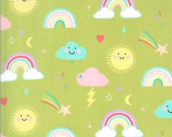 May include: A green fabric with a repeating pattern of rainbows, clouds, stars, shooting stars, hearts, and suns. The clouds and suns have smiling faces.