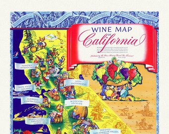 California, A Wine Map, 1935, vintage map reprinted on durable cotton canvas, 21x27" approx.