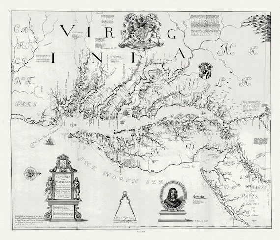 Virginia and Maryland as it is planted  this present year, 1670, Faithorne, Herman et Withinbrook auths., map on  canvas, 20x25" approx.