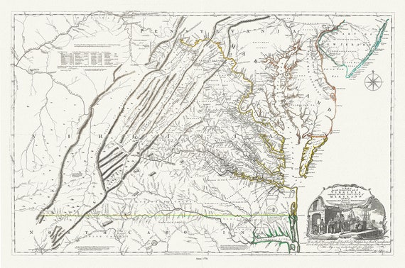 Virginia, Jefferys auth., 1776, map on heavy cotton canvas, 20x25" approx.