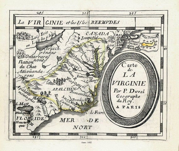 Carte de la Virginie, Du Val auth., 1682, map on heavy cotton canvas, 50 x 70 cm (20x25") approx.