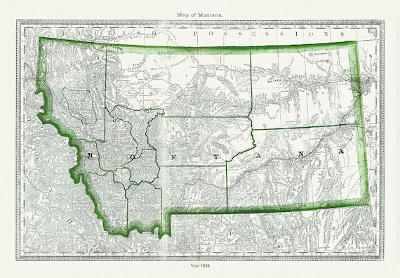 Montana, H.H. Hardesty & Co., 1884, map on durable cotton canvas, 50 x 70 cm or 20x25" approx.