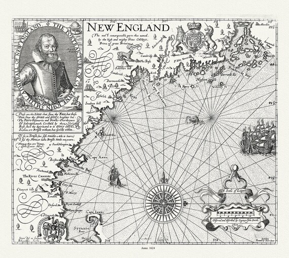 New England, remarqueable parts thus named by Prince Charles, prince of great Britaine.John Smith auth.1624, map on canvas, 20x25" approx.