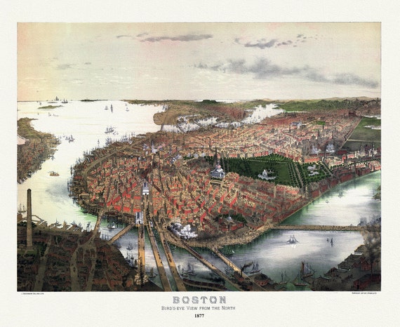 Boston bird's-eye view from the north, 1877 , map on heavy cotton canvas, 20x25" approx.