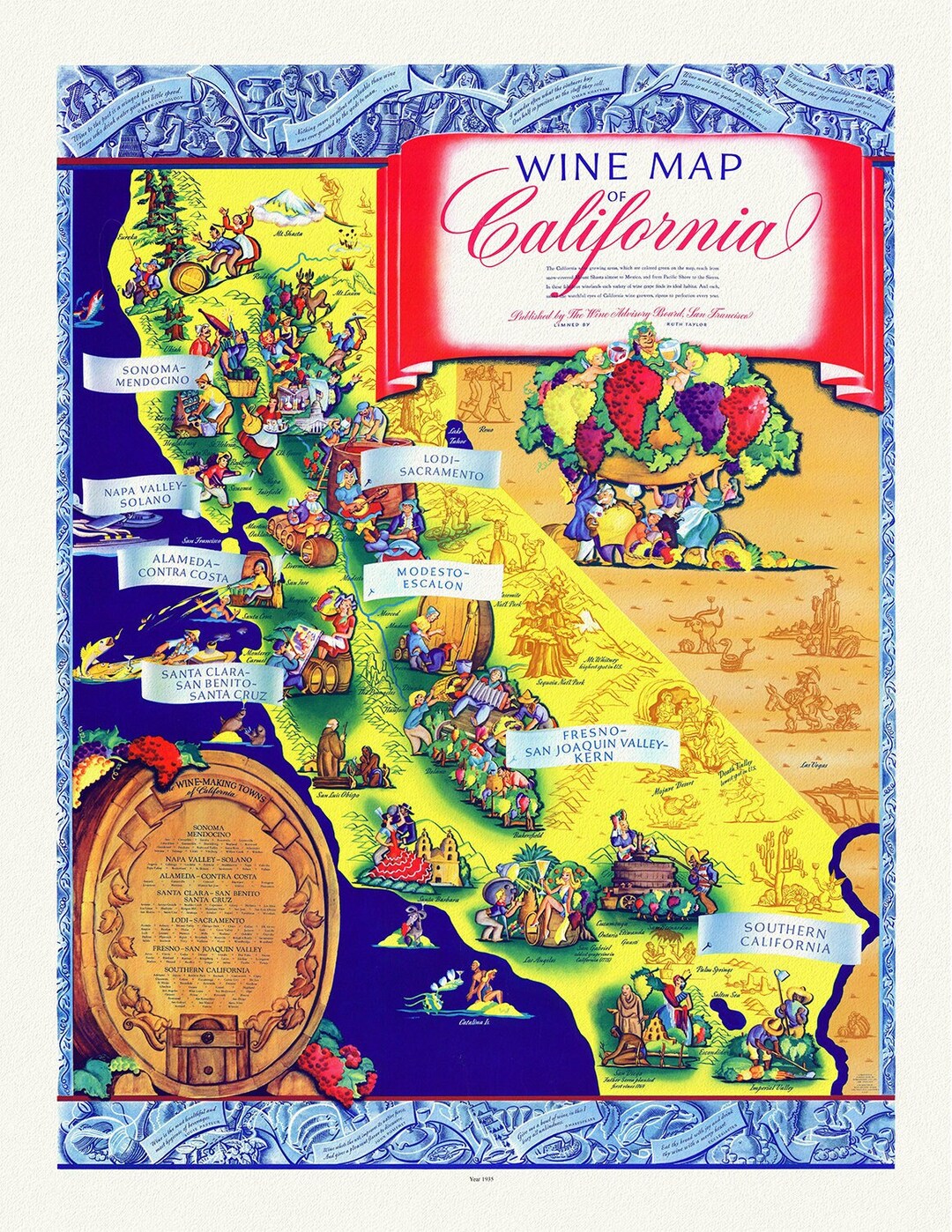 California, A Wine Map, 1935, Vintage Map Reprinted on Durable Cotton ...