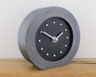 Black Slate Effect Mantel Clock with SILVER Studs and SILVER hands