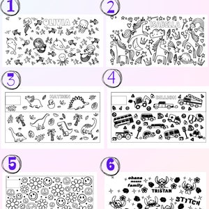 May include: Black and white illustrations of wrap choices with names and themed designs. Options include mermaids, unicorns, dinosaurs, vehicles, smiley faces, and Stitch characters. The text "WRAP CHOICES" is at the top.