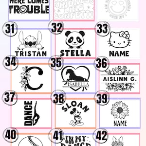 May include: A collection of black and white graphic designs, including a baseball with a heart, a panda, a horse in a heart, and text that reads "Here Comes Trouble". Other designs include a sunflower and a bunny.