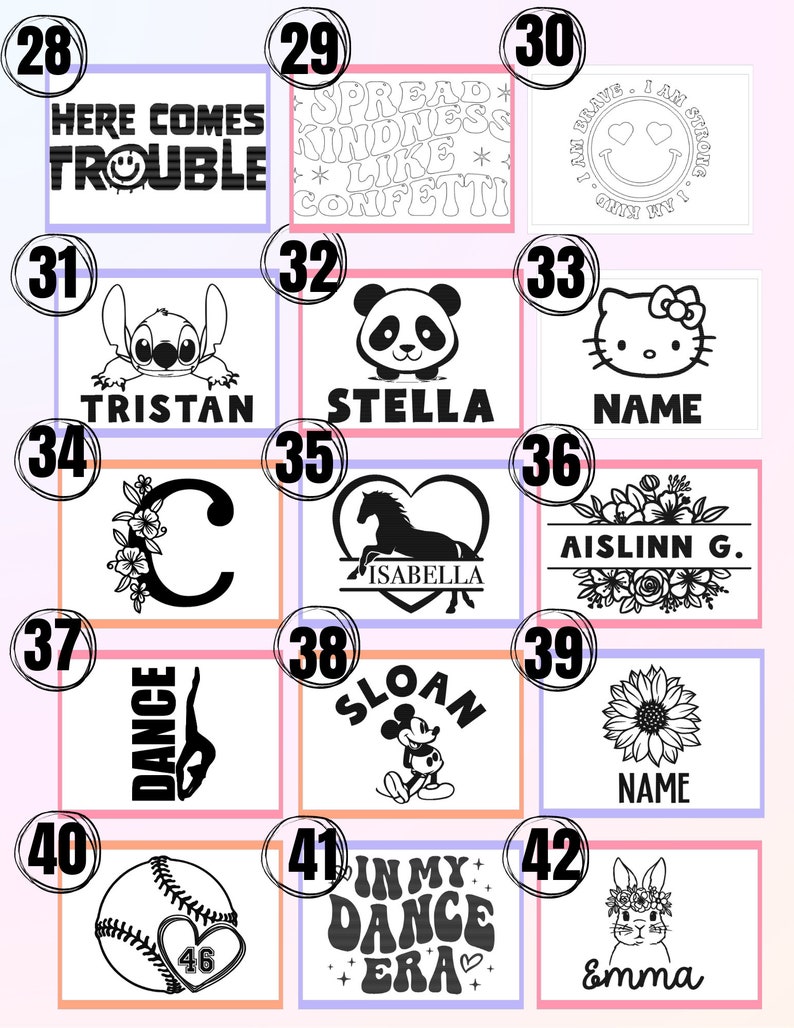 May include: A collection of black and white graphic designs, including a baseball with a heart, a panda, a horse in a heart, and text that reads "Here Comes Trouble". Other designs include a sunflower and a bunny.