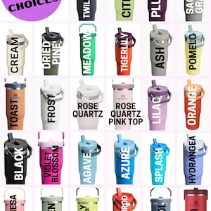 May include: A collection of 30oz insulated tumblers in various colors, including Twilight, Citron, Plum, and Sage Gray. Each tumbler has a handle and a flip-top lid. The image also displays color names such as Cream, Black, and Pink Mesa.