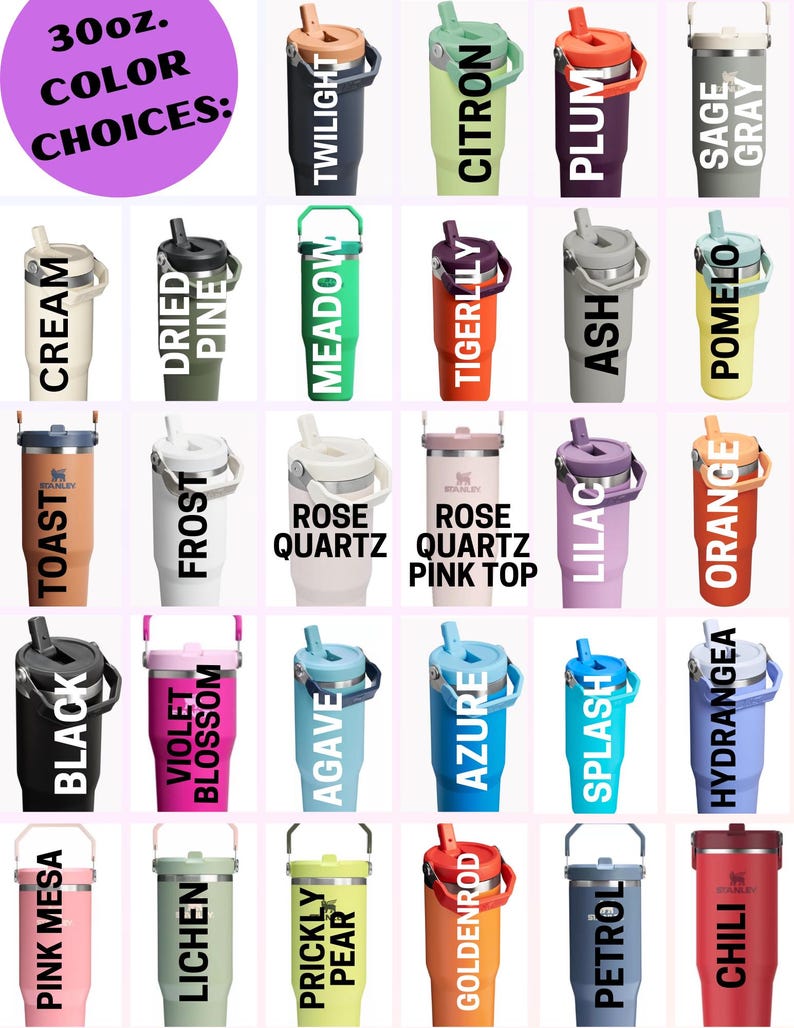May include: A collection of 30oz insulated tumblers in various colors, including Twilight, Citron, Plum, and Sage Gray. Each tumbler has a handle and a flip-top lid. The image also displays color names such as Cream, Black, and Pink Mesa.