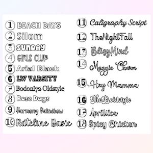 May include: A white graphic with the text "FONT CHOICES:" at the top. Below are 18 font options, each with a sample word and number. The fonts vary in style, from bold to script, and include names like "Beach Days" and "Spicy Chicken."