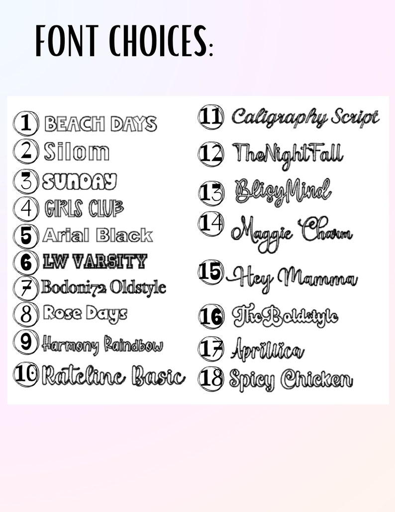 May include: A white graphic with the text "FONT CHOICES:" at the top. Below are 18 font options, each with a sample word and number. The fonts vary in style, from bold to script, and include names like "Beach Days" and "Spicy Chicken."