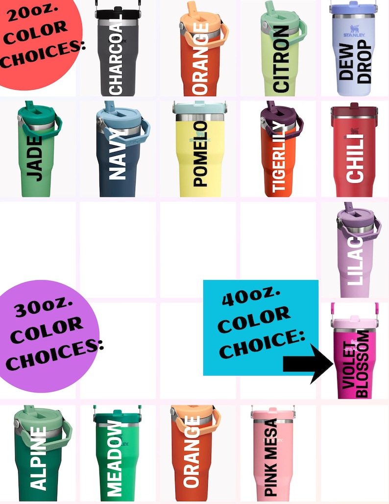 Peut inclure: Pr&eacute;sentation de gobelets isothermes de diff&eacute;rentes couleurs, dont charbon, orange, citron et ros&eacute;e. L'image pr&eacute;sente des options de 20 oz, 30 oz et 40 oz, avec des couleurs comme jade, marine et violet blossom. Chaque gobelet a une poign&eacute;e et une paille.